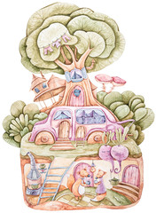 Aquarel cartoon schattig fantasie mooi huis met vossen verliefd. Valentijnsdag illustratie op witte achtergrond. Perfect voor babyprint, kinderkamerinrichting, patroon, stof, textielontwerp