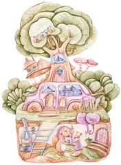 Fotobehang Fantasie huisjes Aquarel cartoon schattig fantasie mooi huis met vossen verliefd. Valentijnsdag illustratie op witte achtergrond. Perfect voor babyprint, kinderkamerinrichting, patroon, stof, textielontwerp
