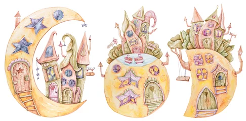 Fotobehang Fantasie huisjes Aquarel cartoon schattige fantasie maan huizen set. Mooie illustratie op witte achtergrond. Perfect voor babyprint, kinderkamerinrichting, patroon, stof, textielontwerp, inpakpapier, scrapbooking