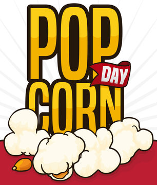 Golden Sign, Ribbon and Popped Kernels to Celebrate Popcorn Day, Vector Illustration