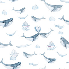 Illustration de la vie marine peinte à la main à l& 39 aquarelle. Modèle sans couture sur fond blanc. Baleine, poisson, collection de vagues. Parfait pour le design textile, le tissu, le papier d& 39 emballage, le scrapbooking