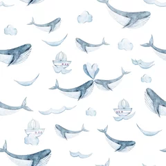 Papier Peint Lavable Vagues de la mer Illustration de la vie marine peinte à la main à l& 39 aquarelle. Modèle sans couture sur fond blanc. Baleine, poisson, collection de vagues. Parfait pour le design textile, le tissu, le papier d& 39 emballage, le scrapbooking