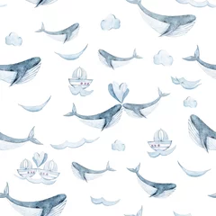 Papier peint Vagues de la mer Illustration de la vie marine peinte à la main à l& 39 aquarelle. Modèle sans couture sur fond blanc. Baleine, poisson, collection de vagues. Parfait pour le design textile, le tissu, le papier d& 39 emballage, le scrapbooking
