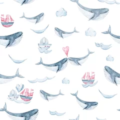 Keuken foto achterwand Golven Aquarel handgeschilderde zee leven illustratie. Naadloze patroon op witte achtergrond. Walvis, vis, golfcollectie. Perfect voor textielontwerp, stof, inpakpapier, scrapbooking