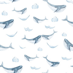 Watercolor hand painted sea life illustration. Seamless pattern on white background. Whales collection. Perfect for textile design, fabric, wrapping paper, scrapbooking - obrazy, fototapety, plakaty