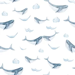 Wallpaper murals Sea animals Watercolor hand painted sea life illustration. Seamless pattern on white background. Whales collection. Perfect for textile design, fabric, wrapping paper, scrapbooking