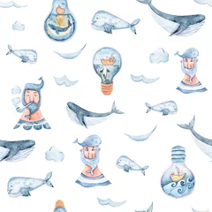 Behang Aquarel handgeschilderde zee leven illustratie. Naadloze patroon op witte achtergrond. Walvis, vis, golfcollectie. Perfect voor textielontwerp, stof, inpakpapier, scrapbooking © Tiana_Geo