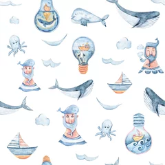 Foto auf gebürstetem Alu-Dibond Meereswellen Aquarell handgemalte Leben im Meer Illustration. Nahtloses Muster auf weißem Hintergrund. Wal, Fisch, Wellensammlung. Perfekt für Textildesign, Stoff, Geschenkpapier, Scrapbooking