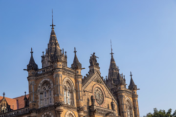 Fototapeta na wymiar Close- up veiw of Chhatrapati Shivaji Terminus formerly Victoria Terminus in Mumbai, India is a UNESCO World Heritage Site and historic railway station which serves as the headquarters of the Central 