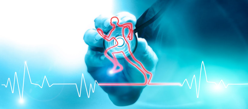 Heart beat in the shape of a running athlete. The stethoscope is an acoustic medical device for auscultation. Medical examination of fitness for physical and motor activity. 3d render
