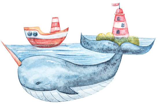 Watercolor hand painted cartoon fantasy whale. Lovely illustration on white background