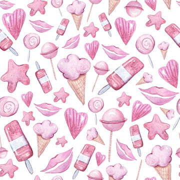 Watercolor seamless pattern, hand painted cute set for valentines day decoration. Pink collection:ice cream, lips, sweets, heart