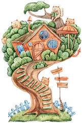 Watercolor cartoon cute fantasy tree house with cats. Lovely illustration on white background. Perfect for baby print, kids room decor, pattern, fabric, textile, wrapping paper, scrapbooking