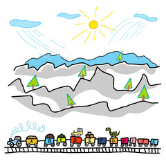 Fototapeta na wymiar A hand-drawn train moves in the mountains. Doodle style.