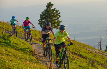 Active group of friends riding their mountain bikes downhill on a sunny evening.