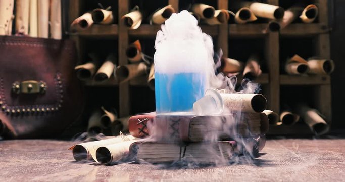 Extraordinary alchemist laboratory full of medieval and old scrolls