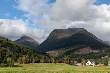 Norway rural landscape, cloudy hills nature travel 