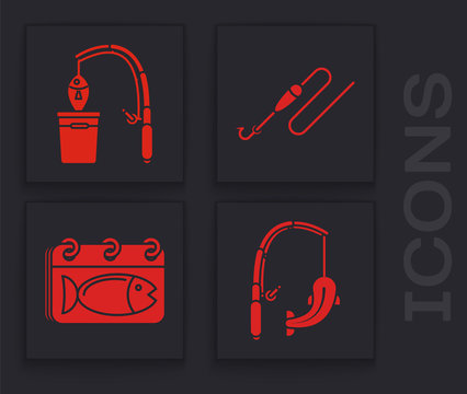 Set Fishing rod and fish, Fishing rod and fish, Fishing line with hook and float and Calendar with a fish icon. Vector