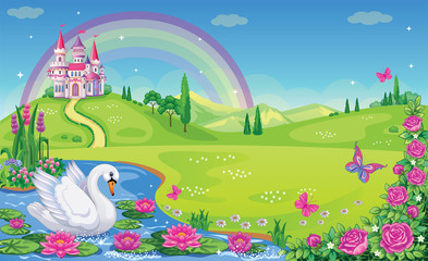 Fairytale background with river, flower meadow, roses, mountains, rainbow and castle for Princess. Lake with lilies or Lotus, Swan. Beautiful and magical landscape. Wonderland. Vector illustration.  © penochka1