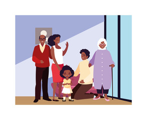 big family together in living room, three generations