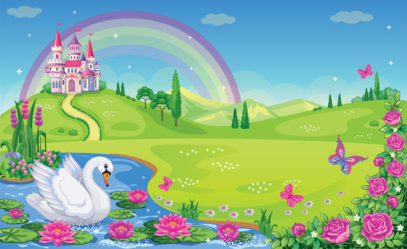 Fairytale background with river, flower meadow, roses, mountains, rainbow and castle for Princess. Lake with lilies or Lotus, Swan. Beautiful and magical landscape. Wonderland. Vector illustration. 