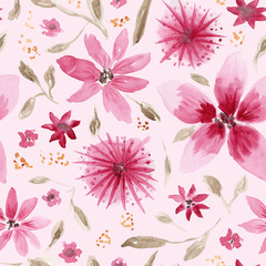Fototapeta na wymiar Beautiful seamless pattern with mess of hand drawn watercolor pink flowers and brown leaves on tender coral background. Delicate floral texture for textile, wrapping paper, cover, surface, wallpaper