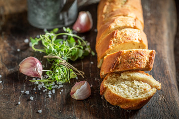 Tasty and homemade garlic bread baked at home