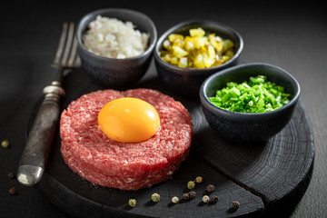 Spicy beef tartare with fresh and healthy ingredients