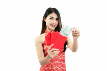 Asian girl holding red envelopes Ang Pao with money Chinese Happy new year isolated on white background