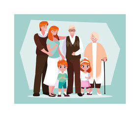 big family together, three generations grandparents, parents and children of different age together