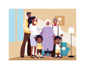 big family together in living room, three generations