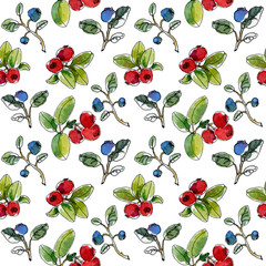 Colorful watercolor hand drawing berry seamless pattern. Ripe blueberry and cranberry. Delicious forest fruit illustration. Graphic ornament background.