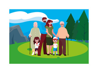 big family walking in the park together