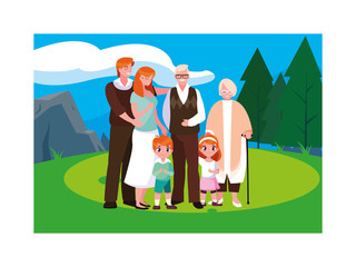 big family walking in the park together