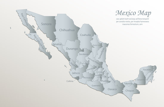 Mexico map, administrative division with names, white blue card paper 3D vector