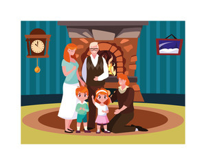 big family together in living room, three generations