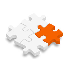 Obraz premium 3D jigsaw puzzle pieces. White pieces with one orange highlighted. Team cooperation, teamwork or solution business theme. Vector illustration with dropped shadow