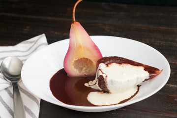 Red Wine Poached Pears with Dark Chocolate & Vanilla Cream