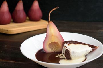Red Wine Poached Pears with Dark Chocolate & Vanilla Cream