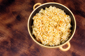 White rice in a ceramic bowl. Vegan healthy food.