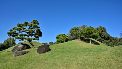 青空バックの日本庭園の築山