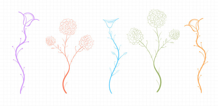 Colorful floral collection with leaves and flowers on a squared notebook sheet