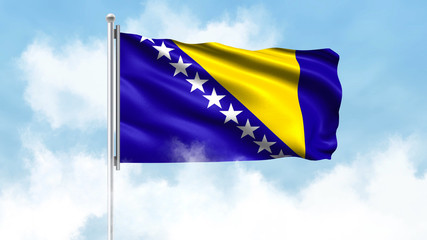 Bosnia and Herzegovina Flag Waving with Clouds Sky Background
