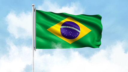 Brazil Flag Waving with Clouds Sky Background