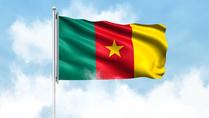 Fototapeta na wymiar Cameroon Flag Waving with Clouds Sky Background