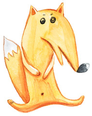 Watercolor hand painted cartoon fox. Illustration isolated on white background. Can be used for patterns, design greeting cards for holiday, birthday, invitations, poster, print.