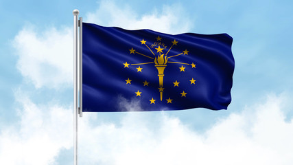 Indiana Flag Waving with Clouds Sky Background