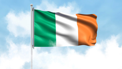 Ireland Flag Waving with Clouds Sky Background
