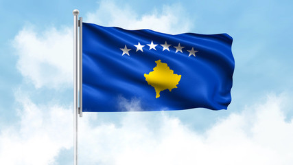 Kosovo Flag Waving with Clouds Sky Background
