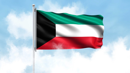 Fototapeta na wymiar Kuwait Flag Waving with Clouds Sky Background
